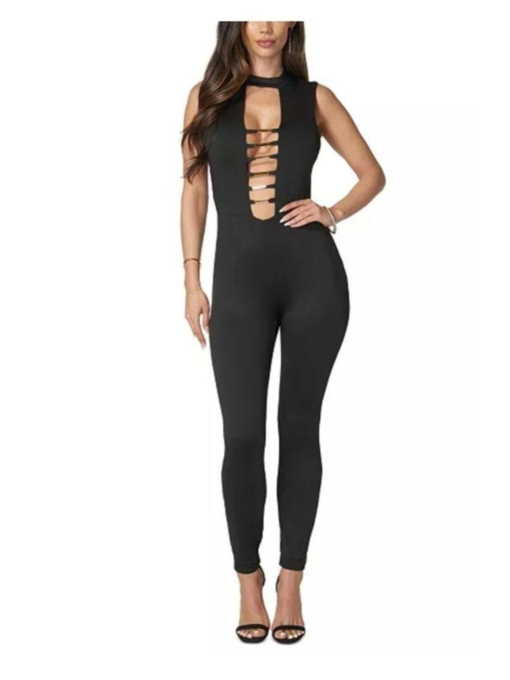 Bebe Jumpsuit Womens S Black Cutout High Neck Strappy Skinny Leg Sexy Clubwear